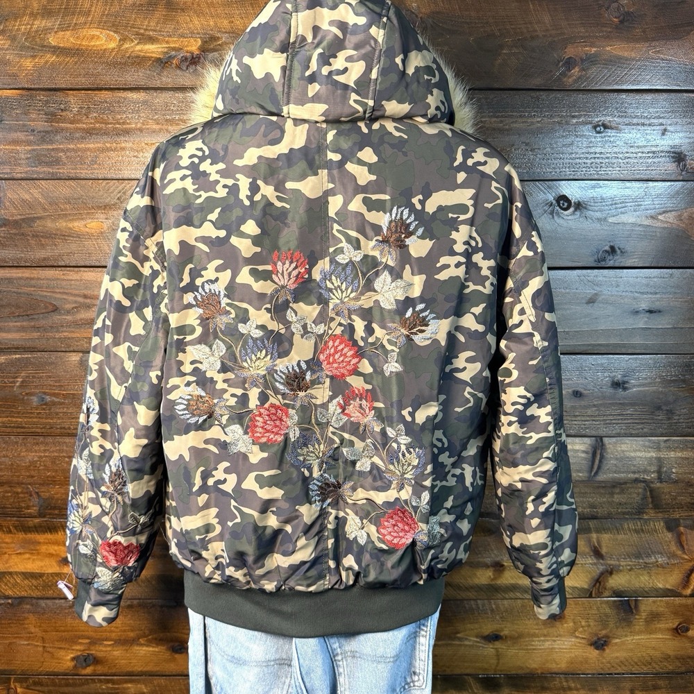 Zara Trafaluc Camouflage Floral Embroidered Hooded‎ Zip Off Fur Coat Womens XS - Picture 9 of 13